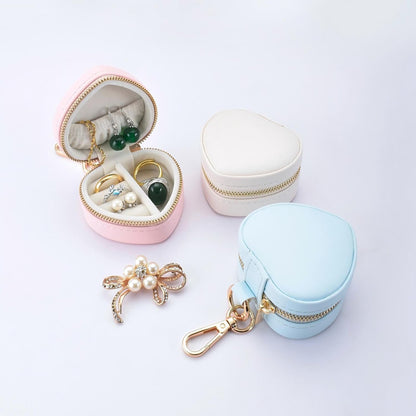 Heart Shape Ring Holder Keychain, Mini Travel Jewelry Case for Wedding Ring, Sports & Vacation, Portable Zipper Clutch Organizer for Earrings Necklace, Premium Gift for Women Girls (White)