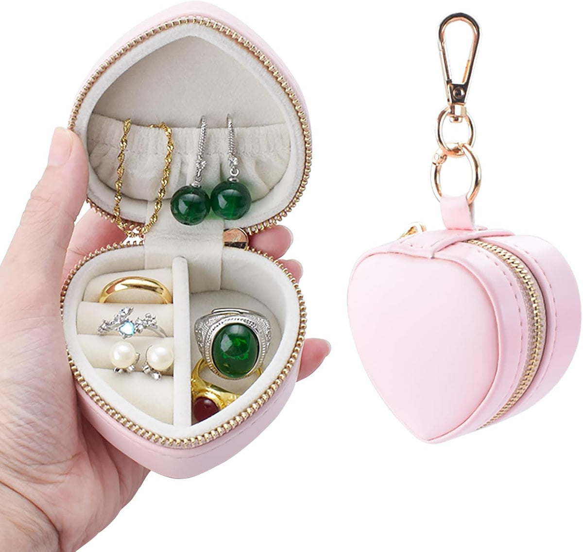 Heart Shape Ring Holder Keychain, Mini Travel Jewelry Case for Wedding Ring, Sports & Vacation, Portable Zipper Clutch Organizer for Earrings Necklace, Premium Gift for Women Girls (White)