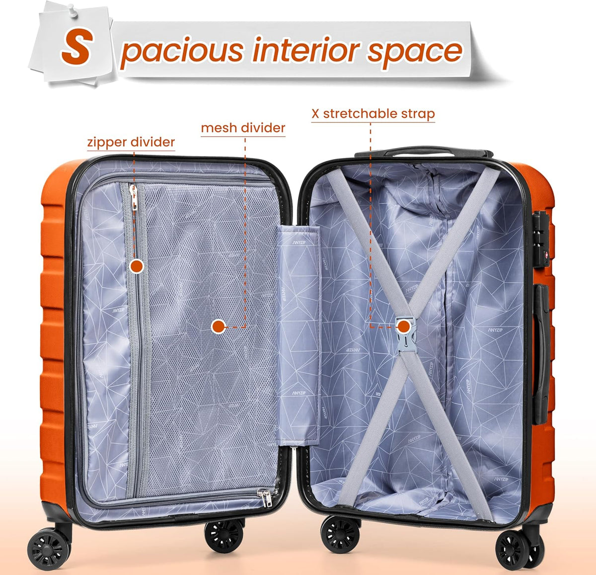 AnyZip Luggage PC ABS Hardside Lightweight Suitcase with 4 Universal Wheels TSA Lock Carry-On 20 Inch Orange