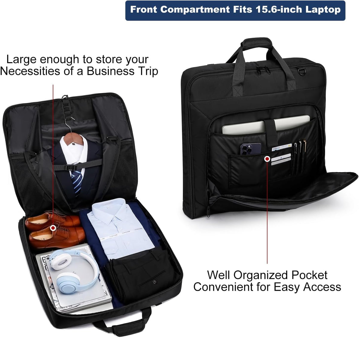 Garment Bag Travel Suit Bag Large 40-Inch Carry on Bag Up to 3 Suits,2 in 1 Hanging Luggage Bags, Fits 15.6Inch Laptop