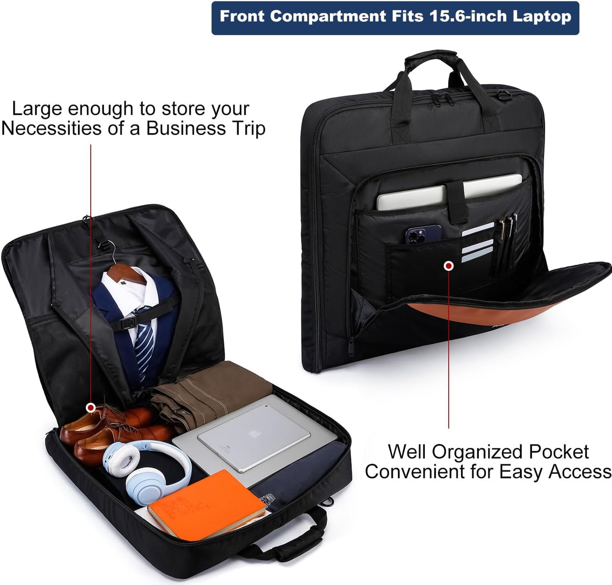 Garment Bag Travel Suit Bag Large 40-Inch Carry on Bag Up to 3 Suits,2 in 1 Hanging Luggage Bags, Fits 15.6Inch Laptop