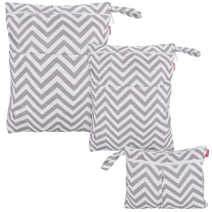 3pcs Travel Wet and Dry Bag Organizer with Handle for Cloth Diaper, Pumping Parts, Swimsuit and More, Easy to Grab and Go, Gray Chevron