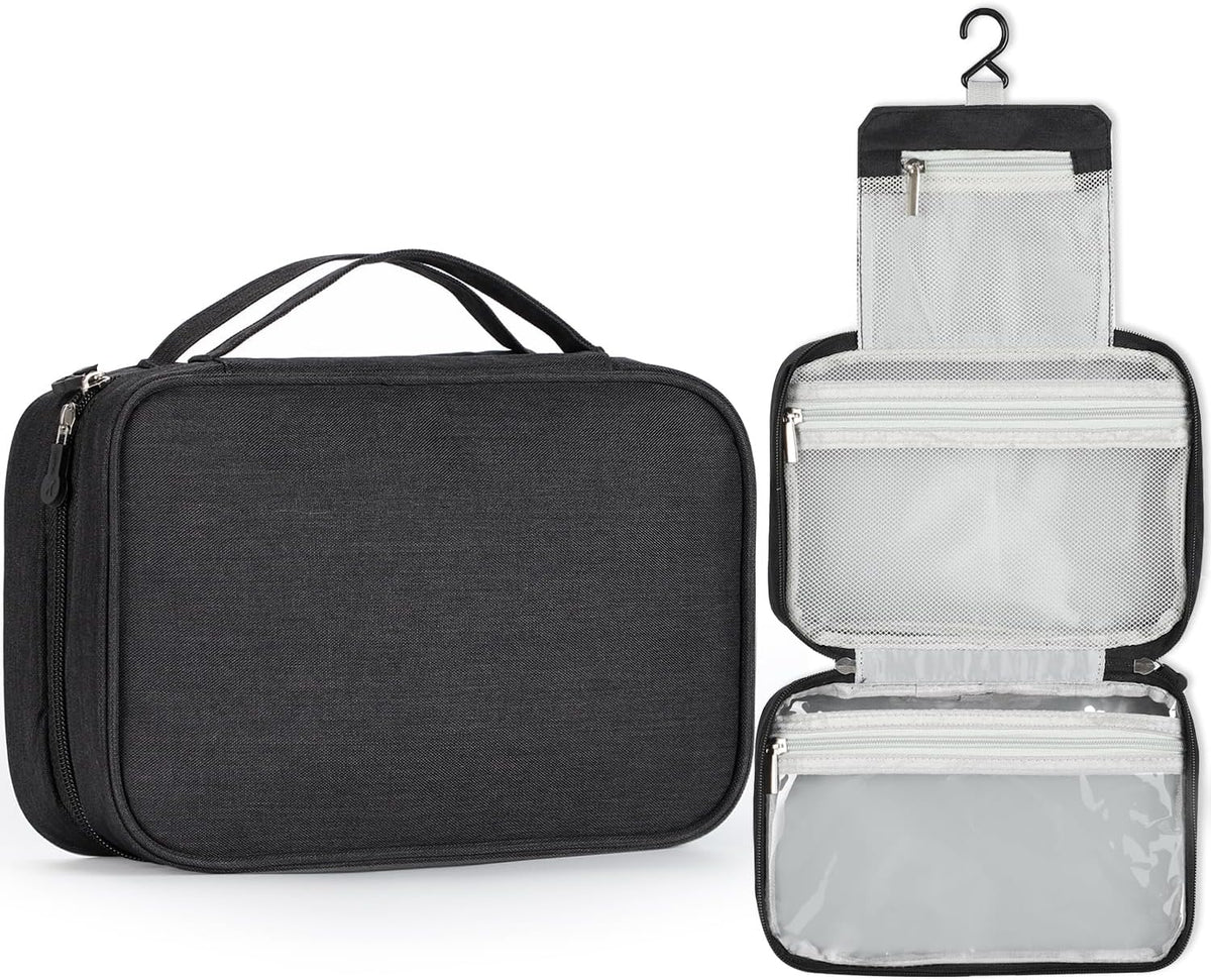 Compact Travel Toiletry Bag for Women & Men, Waterproof Hanging Shower Organizer with Hook, Portable Foldable Wash Pouch for Bathroom/Shaving/Camping - Small-Size Space-Saving Design- Black