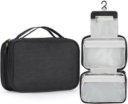 Compact Travel Toiletry Bag for Women & Men, Waterproof Hanging Shower Organizer with Hook, Portable Foldable Wash Pouch for Bathroom/Shaving/Camping - Small-Size Space-Saving Design- Black