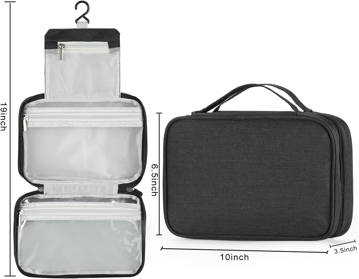 Compact Travel Toiletry Bag for Women & Men, Waterproof Hanging Shower Organizer with Hook, Portable Foldable Wash Pouch for Bathroom/Shaving/Camping - Small-Size Space-Saving Design- Black