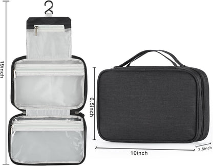 Compact Travel Toiletry Bag for Women & Men, Waterproof Hanging Shower Organizer with Hook, Portable Foldable Wash Pouch for Bathroom/Shaving/Camping - Small-Size Space-Saving Design- Black
