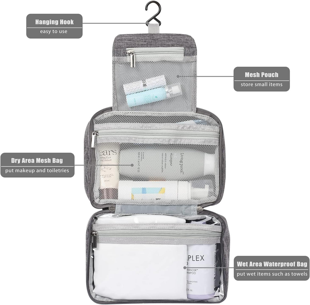 Compact Travel Toiletry Bag for Women & Men, Waterproof Hanging Shower Organizer with Hook, Portable Foldable Wash Pouch for Bathroom/Shaving/Camping - Small-Size Space-Saving Design- Black