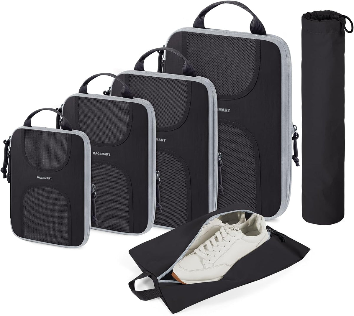 Compression Packing Cubes, 6 Set Packing Cubes for Suitcases, Lightweight Suitcases Organizers Bag Set & Compression Travel Cubes, Travel Essentials Packing Organizers Black