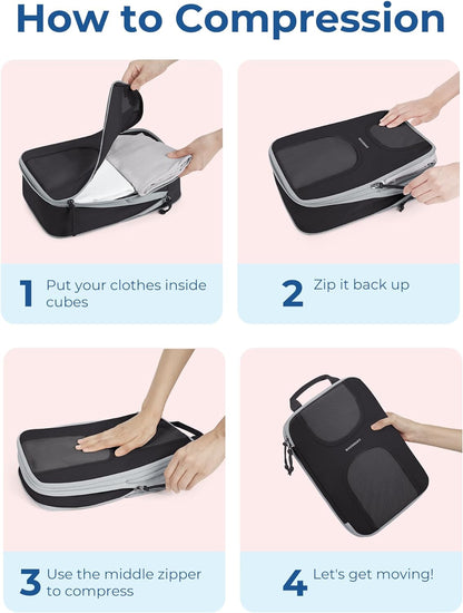 Compression Packing Cubes, 6 Set Packing Cubes for Suitcases, Lightweight Suitcases Organizers Bag Set & Compression Travel Cubes, Travel Essentials Packing Organizers Black