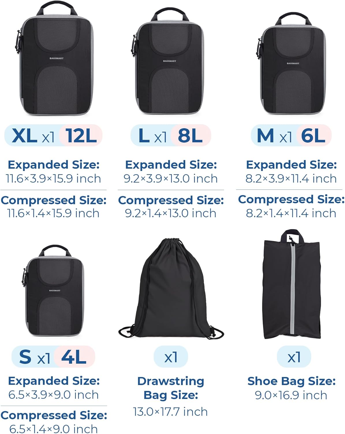 Compression Packing Cubes, 6 Set Packing Cubes for Suitcases, Lightweight Suitcases Organizers Bag Set & Compression Travel Cubes, Travel Essentials Packing Organizers Black