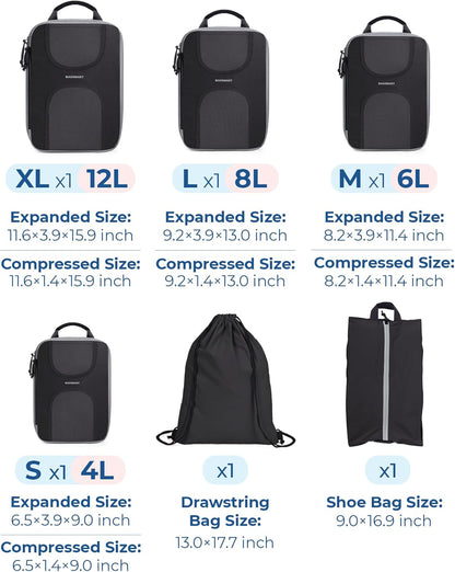 Compression Packing Cubes, 6 Set Packing Cubes for Suitcases, Lightweight Suitcases Organizers Bag Set & Compression Travel Cubes, Travel Essentials Packing Organizers Black