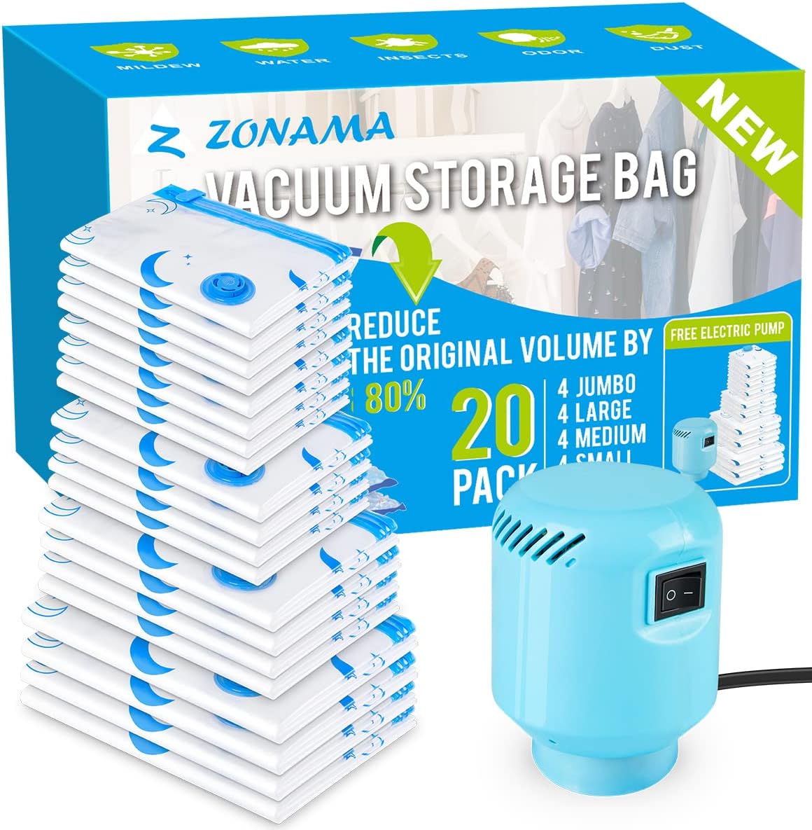 Travel Compression Bags, 25 Pack Vacuum Storage Bags with 1500mAh Rechargeable Battery, Vacuum Seal Bag for Space Saving Clothes, Blanket, Duvets, Pillows, Comforters, Travel Essentials, Luggage