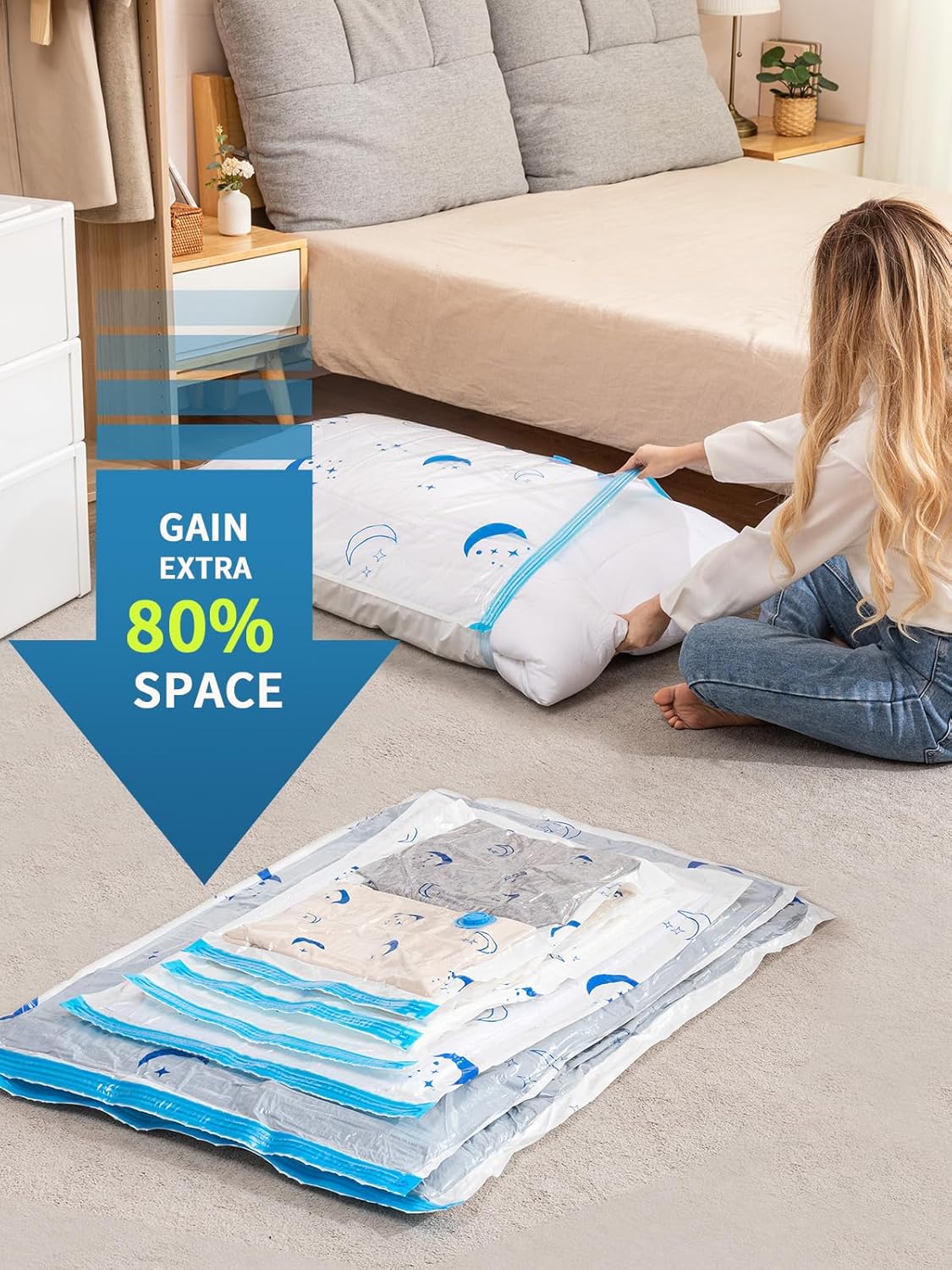 Travel Compression Bags, 25 Pack Vacuum Storage Bags with 1500mAh Rechargeable Battery, Vacuum Seal Bag for Space Saving Clothes, Blanket, Duvets, Pillows, Comforters, Travel Essentials, Luggage