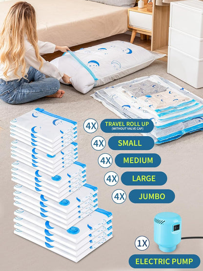 Travel Compression Bags, 25 Pack Vacuum Storage Bags with 1500mAh Rechargeable Battery, Vacuum Seal Bag for Space Saving Clothes, Blanket, Duvets, Pillows, Comforters, Travel Essentials, Luggage