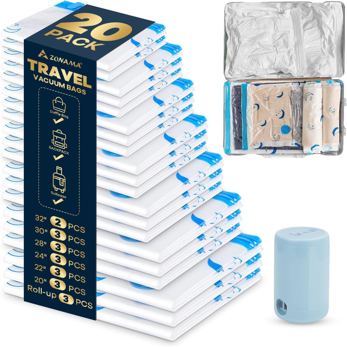 Travel Compression Bags, 25 Pack Vacuum Storage Bags with 1500mAh Rechargeable Battery, Vacuum Seal Bag for Space Saving Clothes, Blanket, Duvets, Pillows, Comforters, Travel Essentials, Luggage