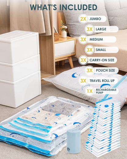 Travel Compression Bags, 25 Pack Vacuum Storage Bags with 1500mAh Rechargeable Battery, Vacuum Seal Bag for Space Saving Clothes, Blanket, Duvets, Pillows, Comforters, Travel Essentials, Luggage