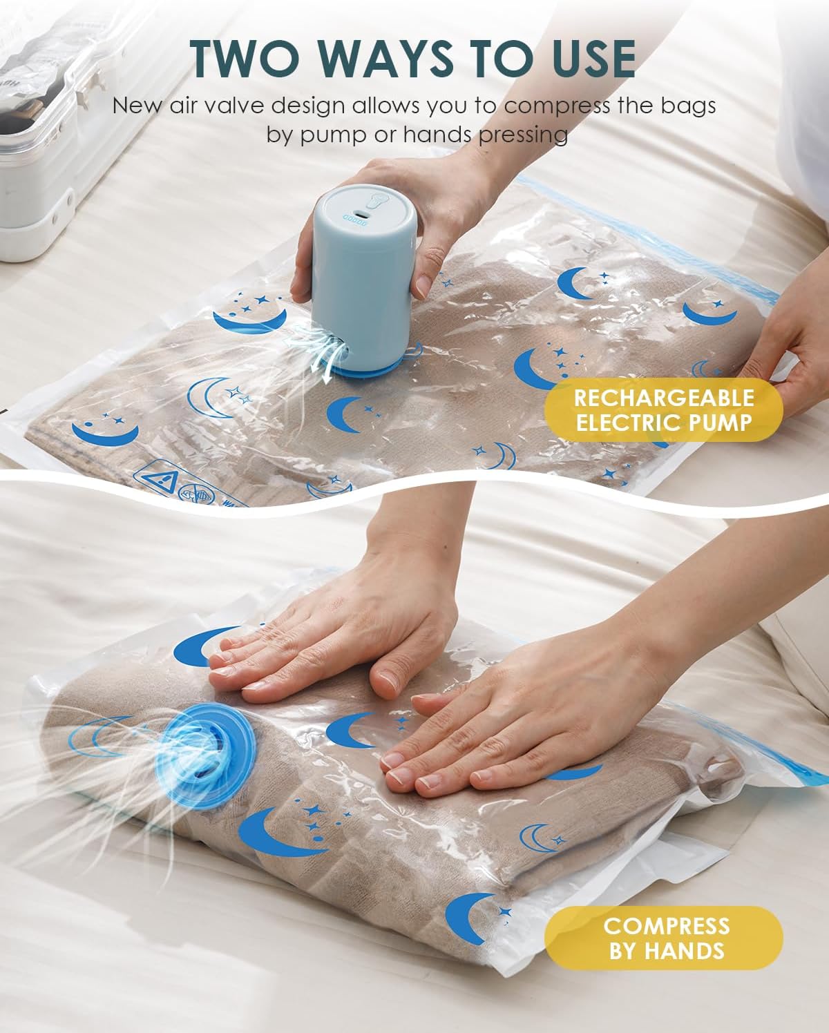 Travel Compression Bags, 25 Pack Vacuum Storage Bags with 1500mAh Rechargeable Battery, Vacuum Seal Bag for Space Saving Clothes, Blanket, Duvets, Pillows, Comforters, Travel Essentials, Luggage