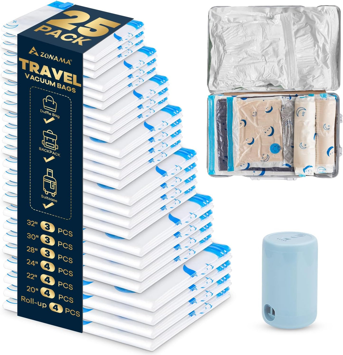 Travel Compression Bags, 25 Pack Vacuum Storage Bags with 1500mAh Rechargeable Battery, Vacuum Seal Bag for Space Saving Clothes, Blanket, Duvets, Pillows, Comforters, Travel Essentials, Luggage