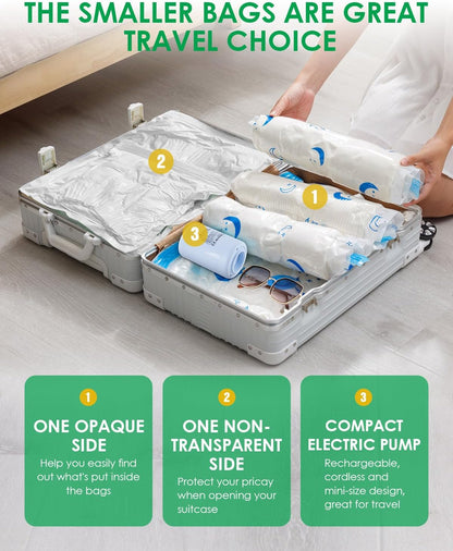 Travel Compression Bags, 25 Pack Vacuum Storage Bags with 1500mAh Rechargeable Battery, Vacuum Seal Bag for Space Saving Clothes, Blanket, Duvets, Pillows, Comforters, Travel Essentials, Luggage