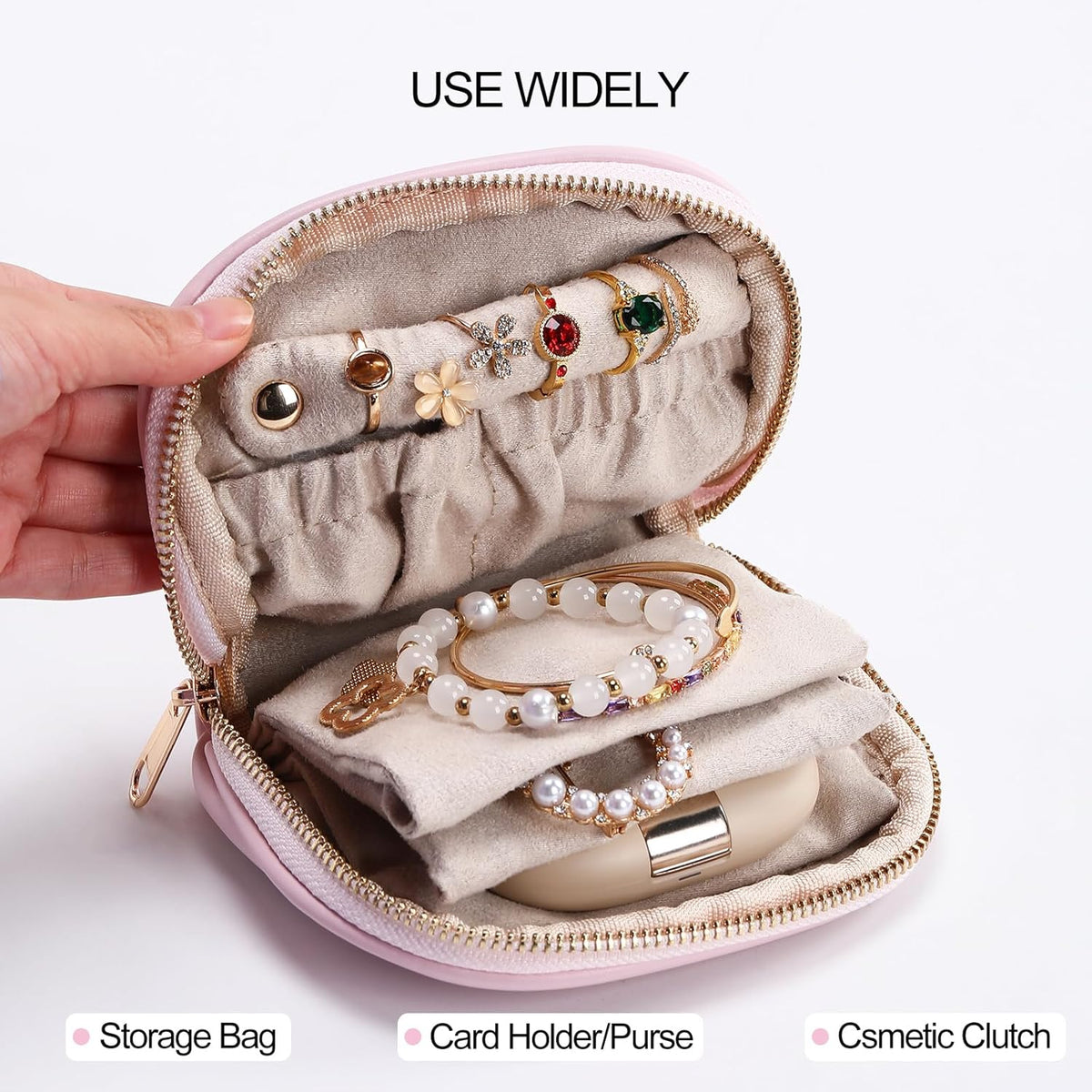 Small Travel Jewelry Organizer Storage Pouch - Velvet Mini Travel Jewelry Case for Women, Compact Zipper Bag for Bracelets, Rings, Earrings Essential Travel Accessory Gift (white)