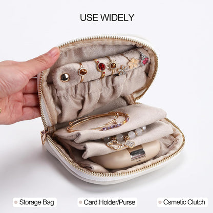 Small Travel Jewelry Organizer Storage Pouch - Velvet Mini Travel Jewelry Case for Women, Compact Zipper Bag for Bracelets, Rings, Earrings Essential Travel Accessory Gift (white)