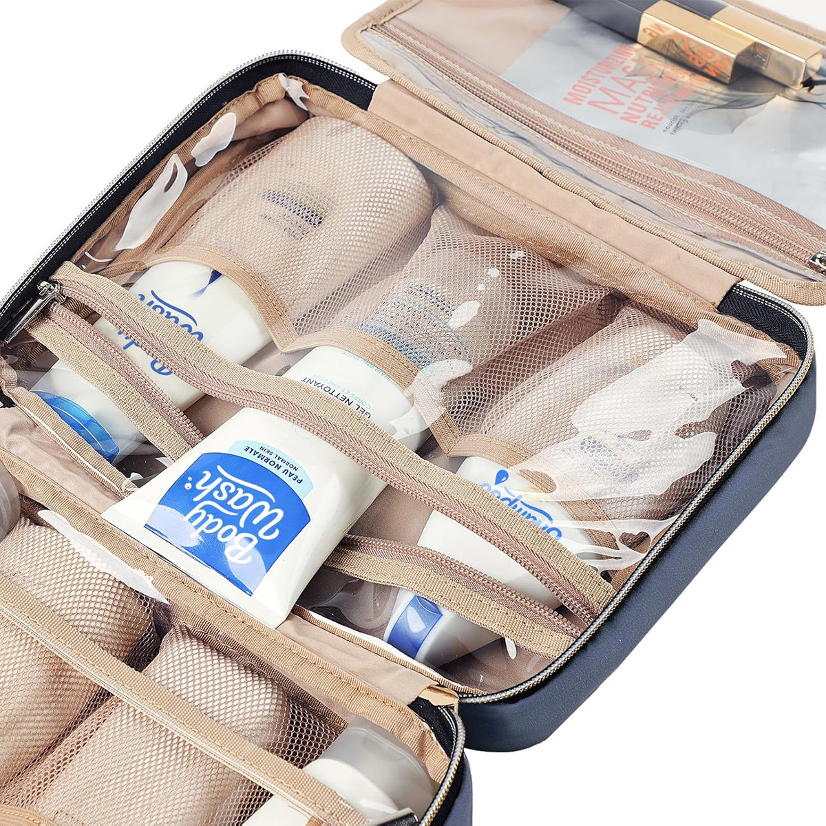 Travel Toiletry Bag for women, Portable Hanging Organizer for Travel-Sized Shampoo, Conditioner, Brushes Set, makeup Accessories, Medium Size, Pink