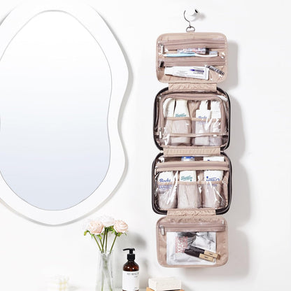 Travel Toiletry Bag for women, Portable Hanging Organizer for Travel-Sized Shampoo, Conditioner, Brushes Set, makeup Accessories, Medium Size, Pink