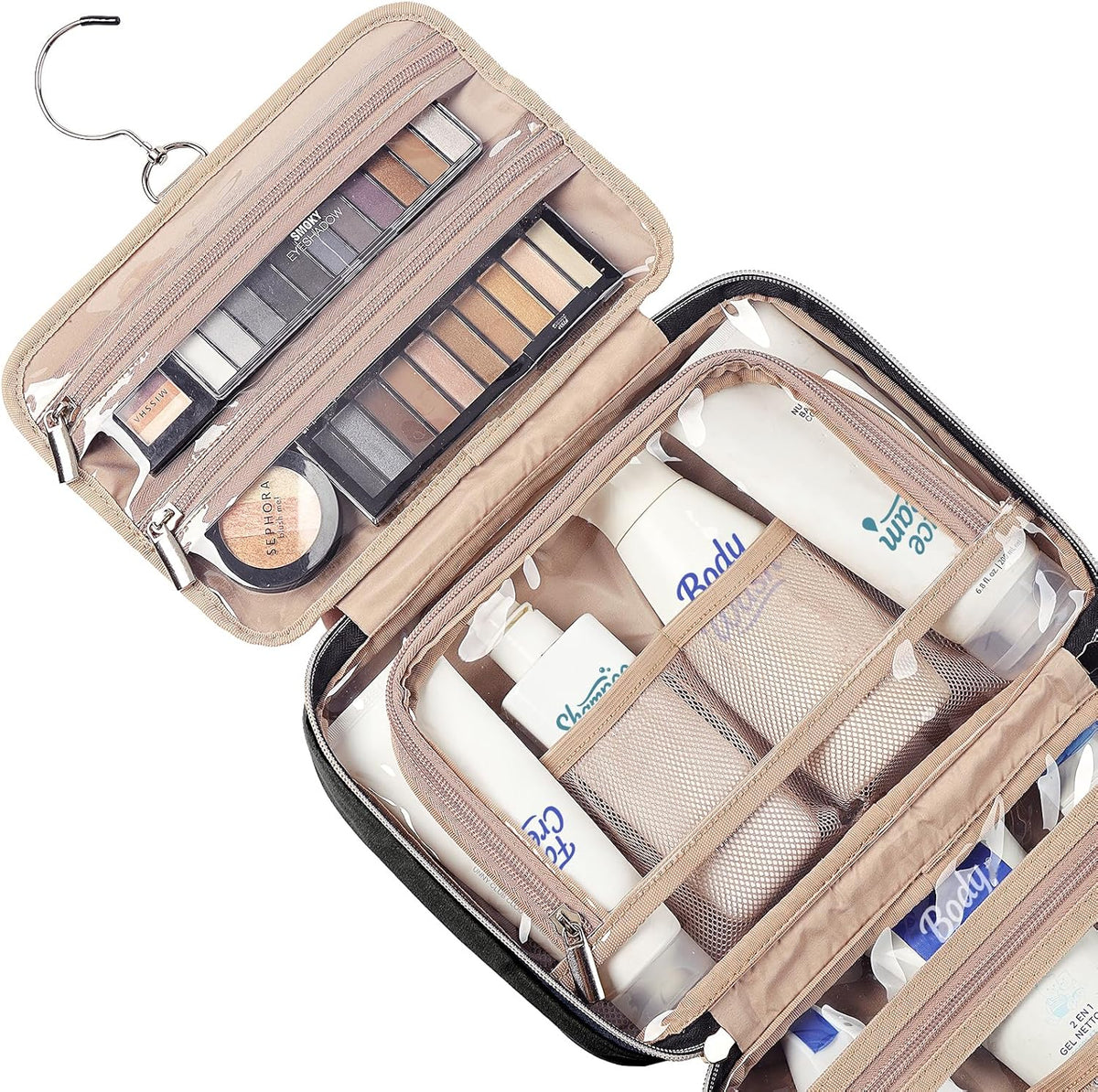 Travel Toiletry Bag for women, Portable Hanging Organizer for Travel-Sized Shampoo, Conditioner, Brushes Set, makeup Accessories, Medium Size, Pink