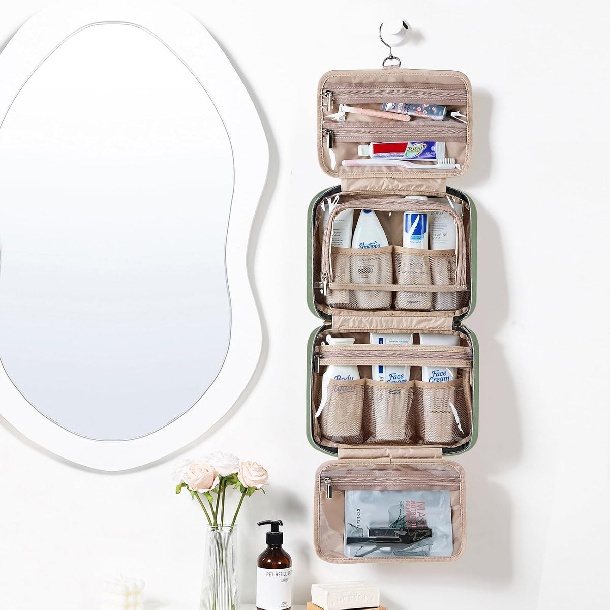 Travel Toiletry Bag for women, Portable Hanging Organizer for Travel-Sized Shampoo, Conditioner, Brushes Set, makeup Accessories, Medium Size, Pink