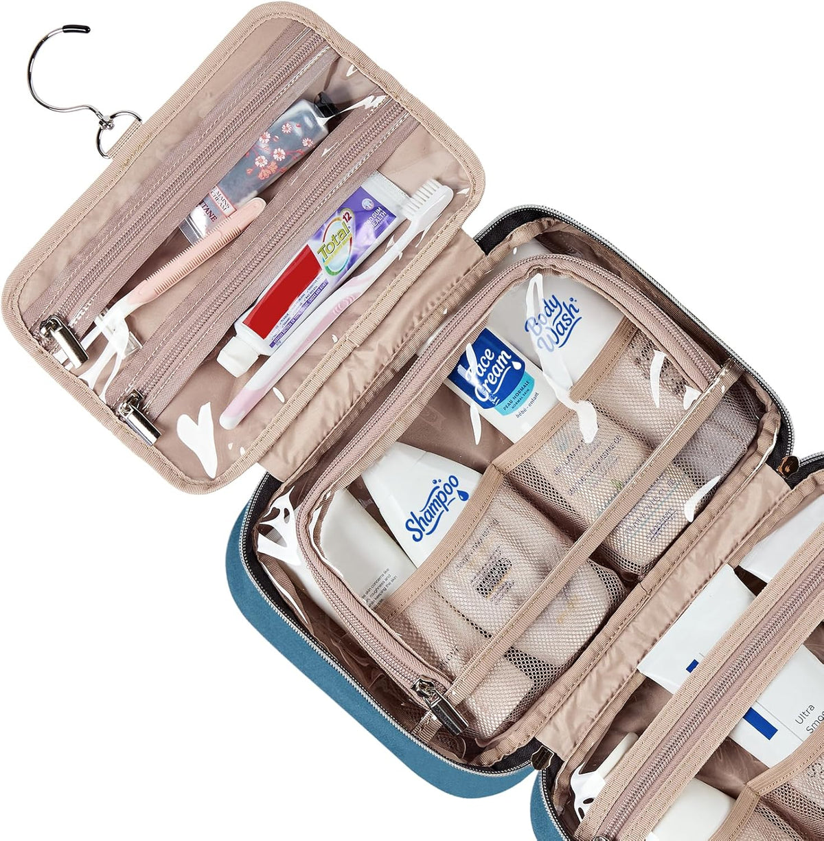 Travel Toiletry Bag for women, Portable Hanging Organizer for Travel-Sized Shampoo, Conditioner, Brushes Set, makeup Accessories, Medium Size, Pink