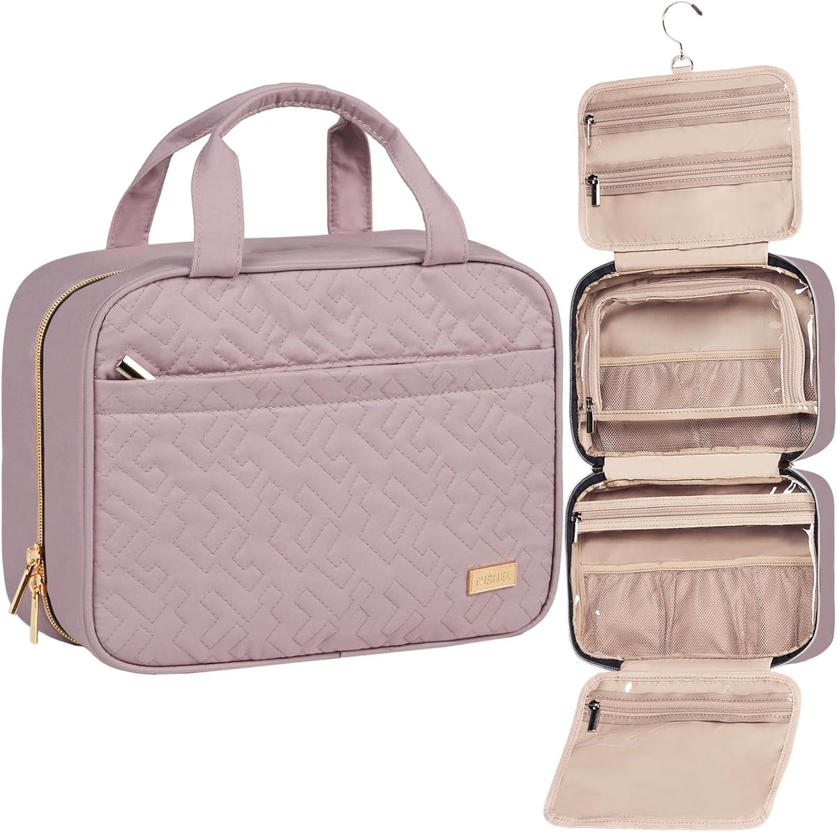 Travel Toiletry Bag for women, Portable Hanging Organizer for Travel-Sized Shampoo, Conditioner, Brushes Set, makeup Accessories, Medium Size, Pink
