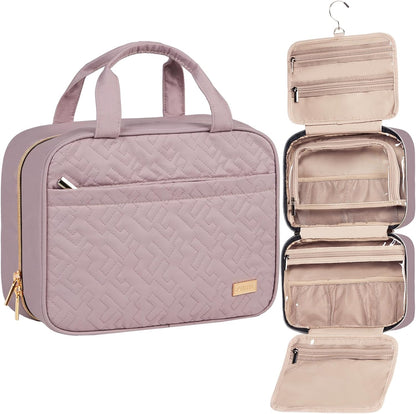 Travel Toiletry Bag for women, Portable Hanging Organizer for Travel-Sized Shampoo, Conditioner, Brushes Set, makeup Accessories, Medium Size, Pink