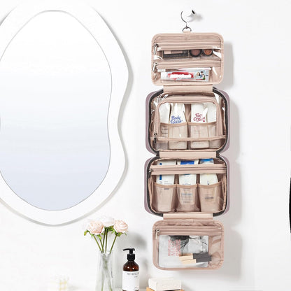 Travel Toiletry Bag for women, Portable Hanging Organizer for Travel-Sized Shampoo, Conditioner, Brushes Set, makeup Accessories, Medium Size, Pink
