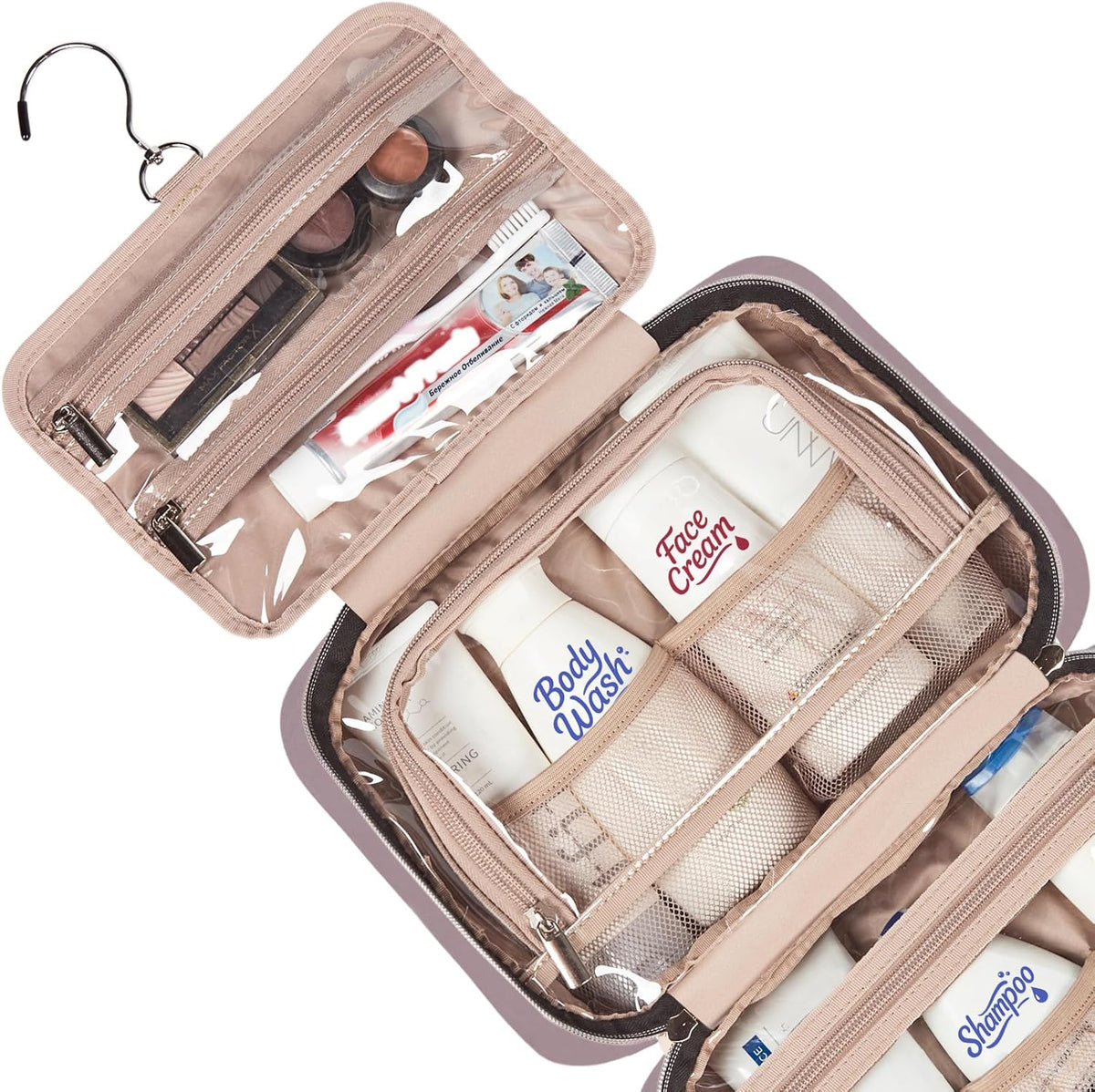 Travel Toiletry Bag for women, Portable Hanging Organizer for Travel-Sized Shampoo, Conditioner, Brushes Set, makeup Accessories, Medium Size, Pink