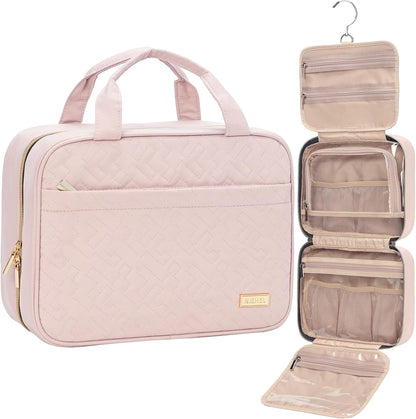 Travel Toiletry Bag for women, Portable Hanging Organizer for Travel-Sized Shampoo, Conditioner, Brushes Set, makeup Accessories, Medium Size, Pink