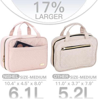 Travel Toiletry Bag for women, Portable Hanging Organizer for Travel-Sized Shampoo, Conditioner, Brushes Set, makeup Accessories, Medium Size, Pink