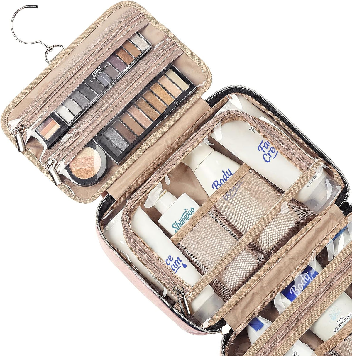 Travel Toiletry Bag for women, Portable Hanging Organizer for Travel-Sized Shampoo, Conditioner, Brushes Set, makeup Accessories, Medium Size, Pink