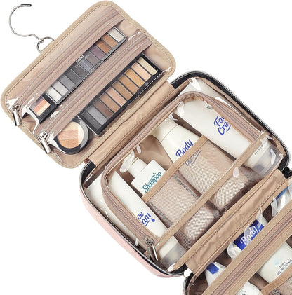 Travel Toiletry Bag for women, Portable Hanging Organizer for Travel-Sized Shampoo, Conditioner, Brushes Set, makeup Accessories, Medium Size, Pink