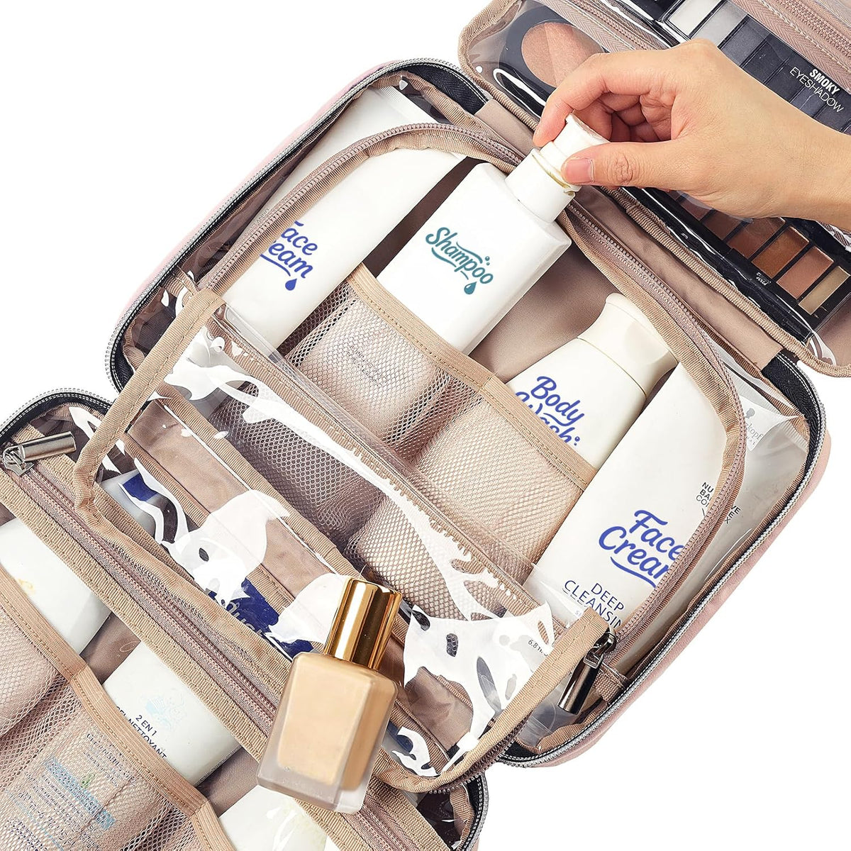 Travel Toiletry Bag for women, Portable Hanging Organizer for Travel-Sized Shampoo, Conditioner, Brushes Set, makeup Accessories, Medium Size, Pink