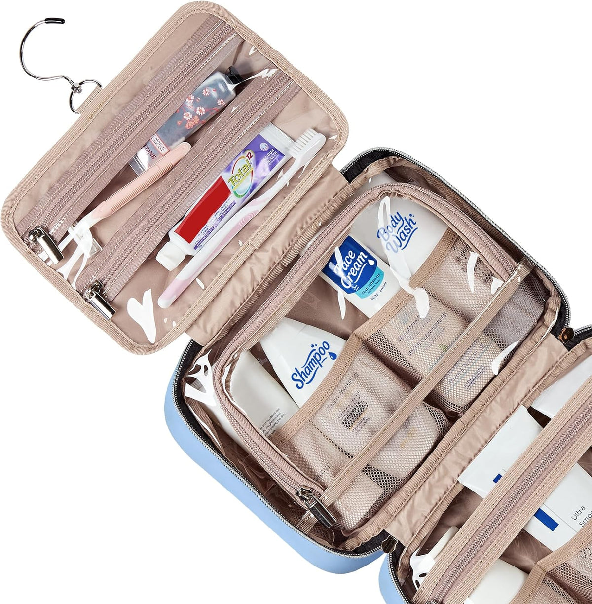 Travel Toiletry Bag for women, Portable Hanging Organizer for Travel-Sized Shampoo, Conditioner, Brushes Set, makeup Accessories, Medium Size, Pink