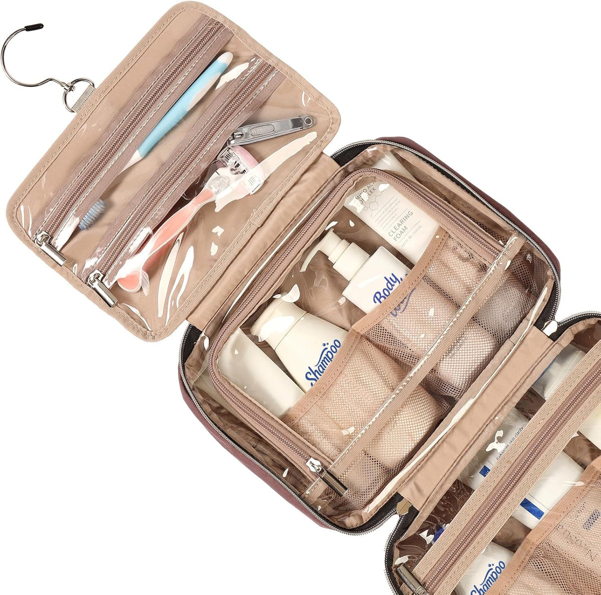 Travel Toiletry Bag for women, Portable Hanging Organizer for Travel-Sized Shampoo, Conditioner, Brushes Set, makeup Accessories, Medium Size, Pink