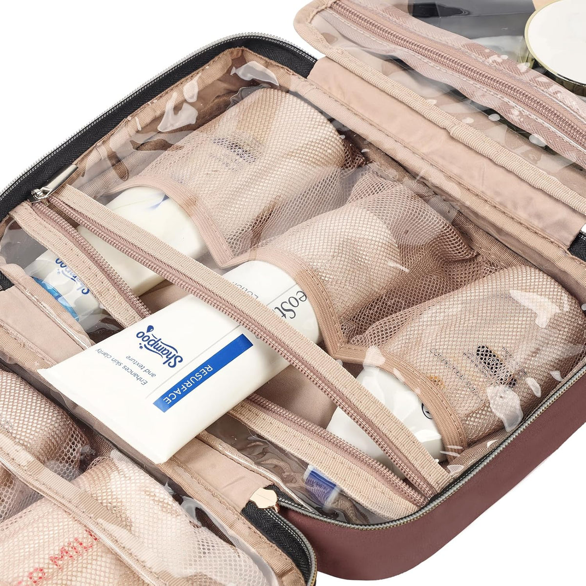Travel Toiletry Bag for women, Portable Hanging Organizer for Travel-Sized Shampoo, Conditioner, Brushes Set, makeup Accessories, Medium Size, Pink
