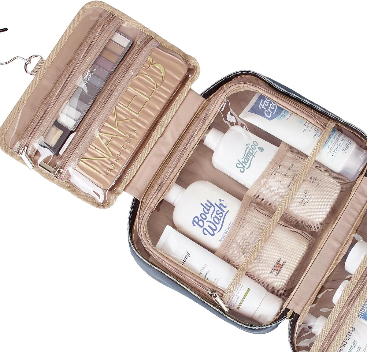 Travel Toiletry Bag for women, Portable Hanging Organizer for Travel-Sized Shampoo, Conditioner, Brushes Set, makeup Accessories, Medium Size, Pink