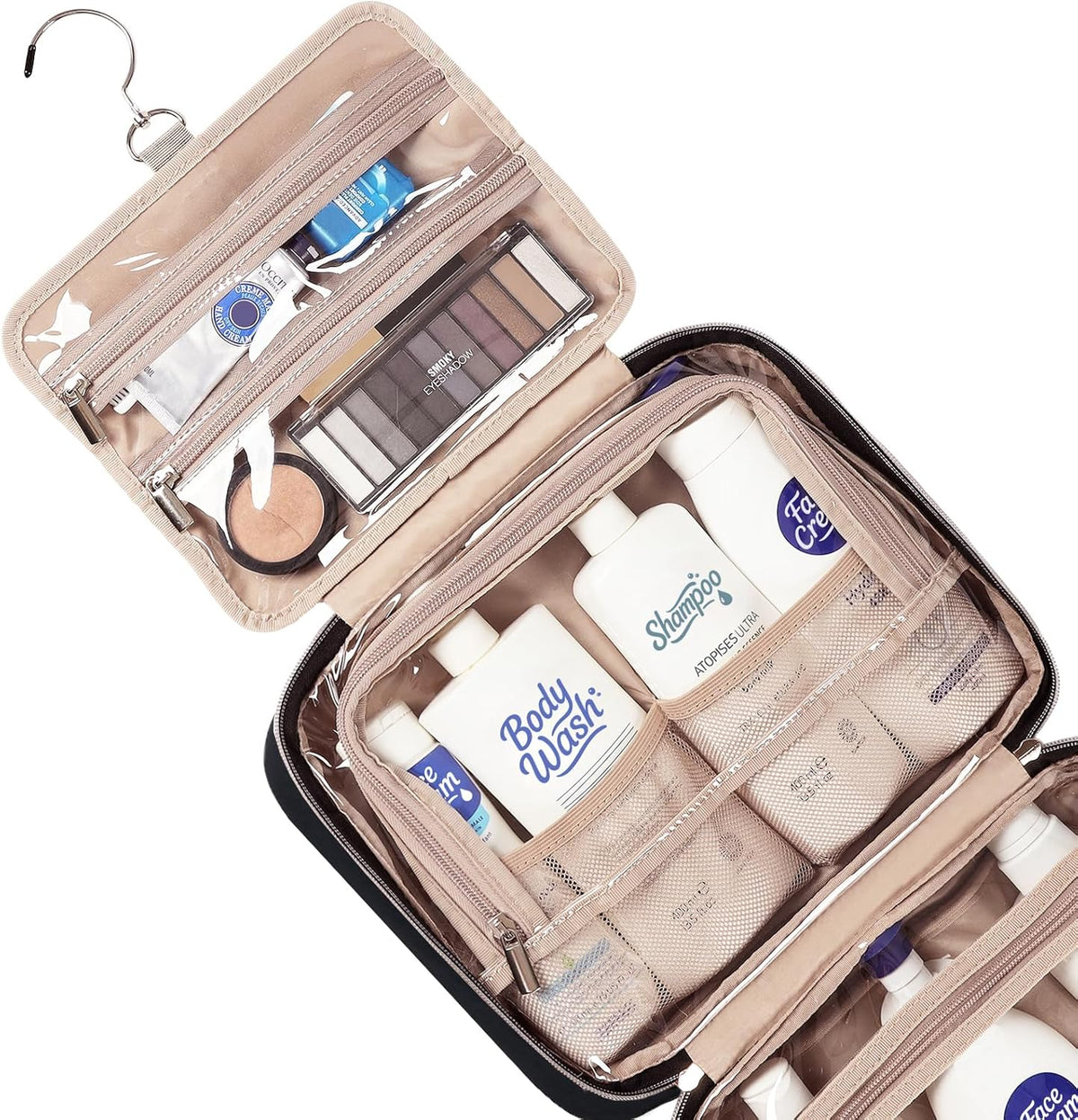 Travel Toiletry Bag for women, Portable Hanging Organizer for Travel-Sized Shampoo, Conditioner, Brushes Set, makeup Accessories, Medium Size, Pink