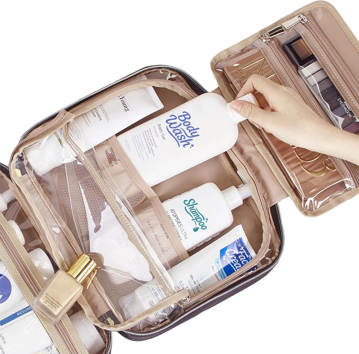 Travel Toiletry Bag for women, Portable Hanging Organizer for Travel-Sized Shampoo, Conditioner, Brushes Set, makeup Accessories, Medium Size, Pink