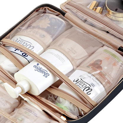 Travel Toiletry Bag for women, Portable Hanging Organizer for Travel-Sized Shampoo, Conditioner, Brushes Set, makeup Accessories, Medium Size, Pink