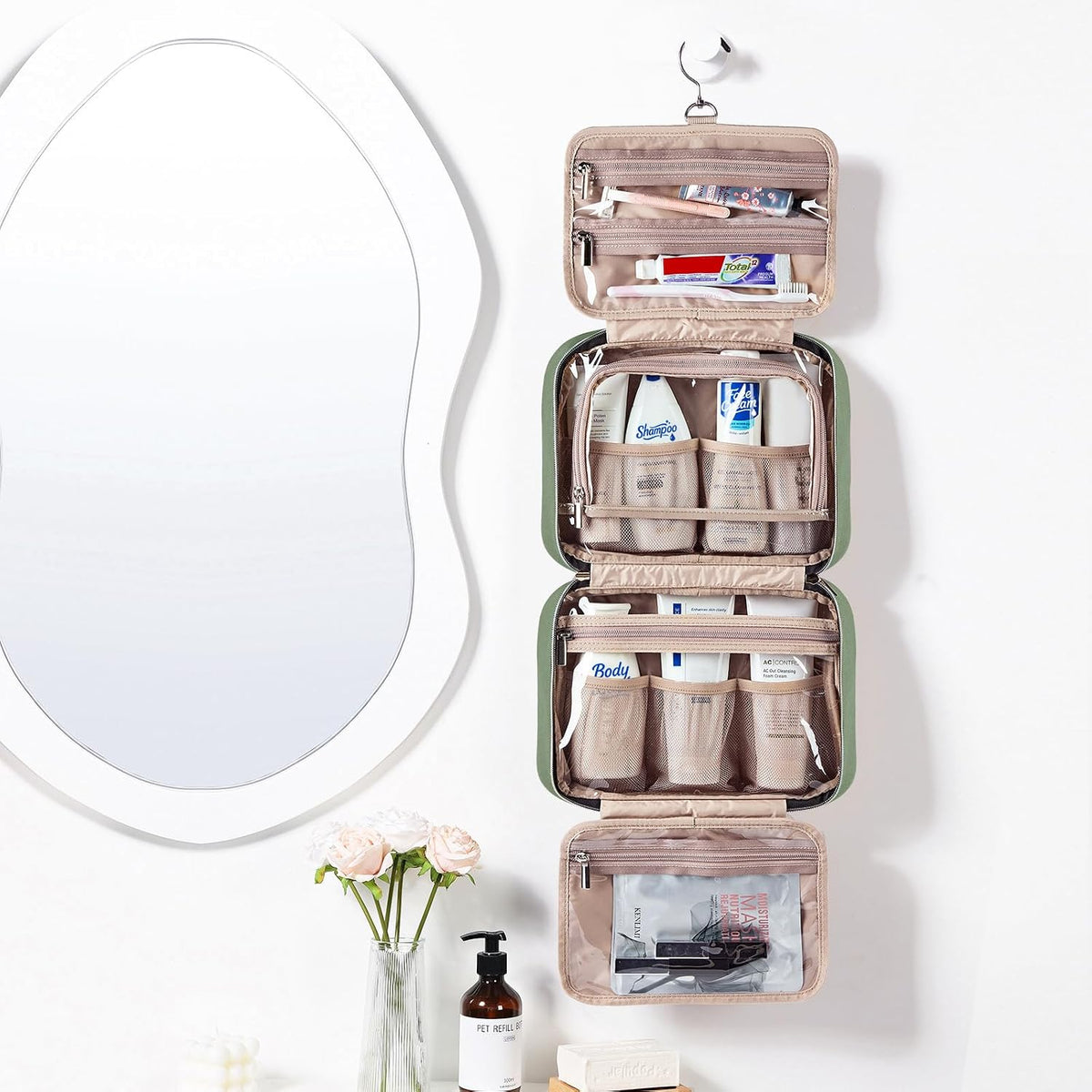 Travel Toiletry Bag for women, Portable Hanging Organizer for Travel-Sized Shampoo, Conditioner, Brushes Set, makeup Accessories, Medium Size, Pink