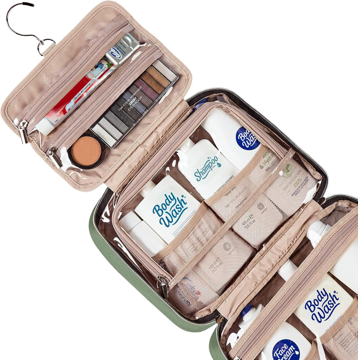 Travel Toiletry Bag for women, Portable Hanging Organizer for Travel-Sized Shampoo, Conditioner, Brushes Set, makeup Accessories, Medium Size, Pink