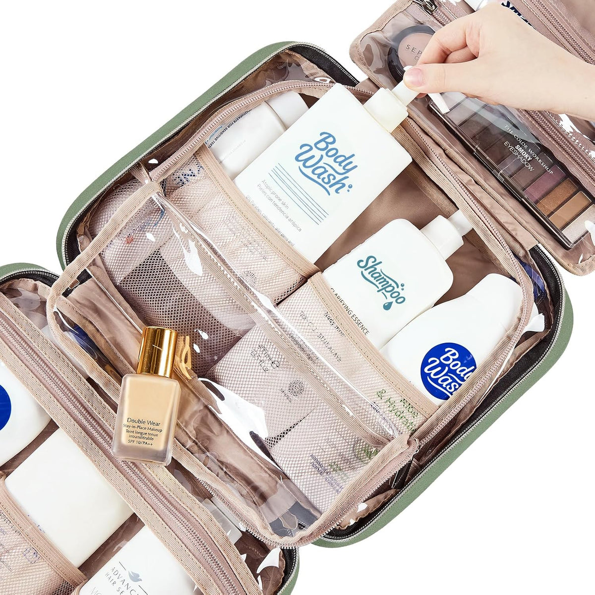 Travel Toiletry Bag for women, Portable Hanging Organizer for Travel-Sized Shampoo, Conditioner, Brushes Set, makeup Accessories, Medium Size, Pink