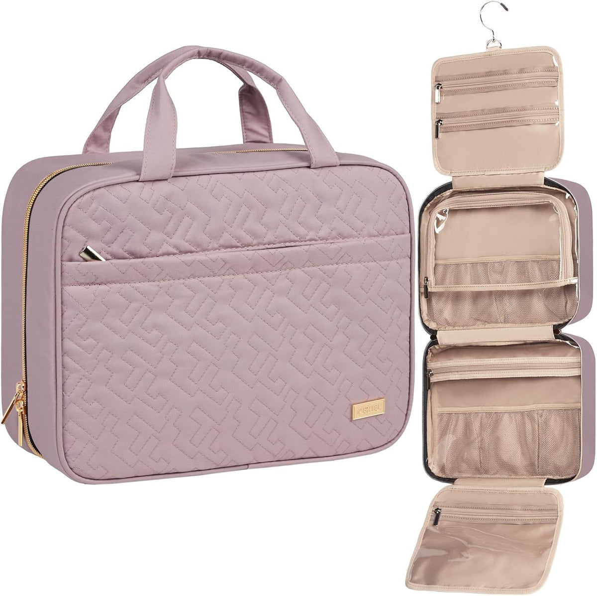 Travel Toiletry Bag for women, Portable Hanging Organizer for Travel-Sized Shampoo, Conditioner, Brushes Set, makeup Accessories, Medium Size, Pink
